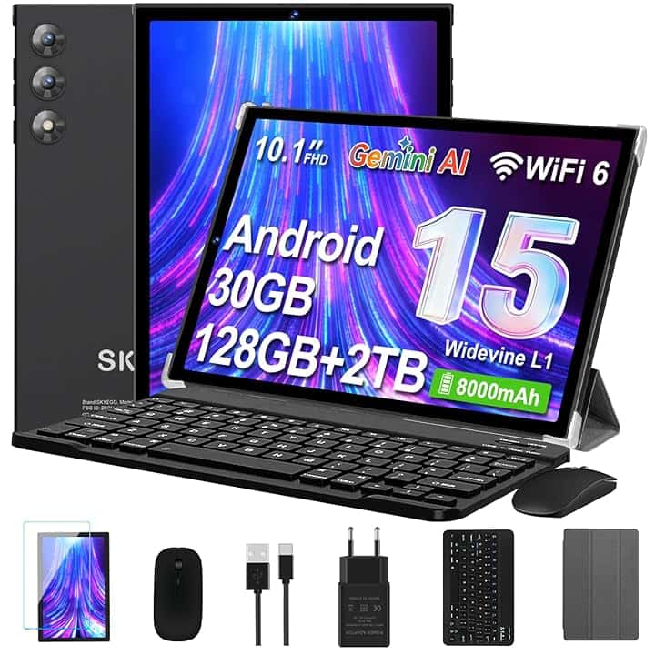 Tablet 10 Pollici Android 15 con Gemini AI, 30GB RAM 128GB ROM+2TB Esp., Octa-Core, WiFi 6 BT 5.0, Widevine L1, Batteria 8000mAh, Fotocamera 8/5 MP, Tastiera Mouse Custodia, Corpo in Metallo - Nero