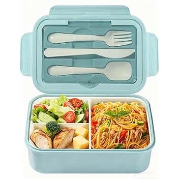 Diboniur Porta Pranzo, 1400ml Lunch Box con Posate, Schiscetta Pranzo Bambino Adulto Bento Box con 3 Scomparti, Schiscetta Contenitore Ermetico per Microonde Ufficio Lavoro Picnic (Azzurro)
