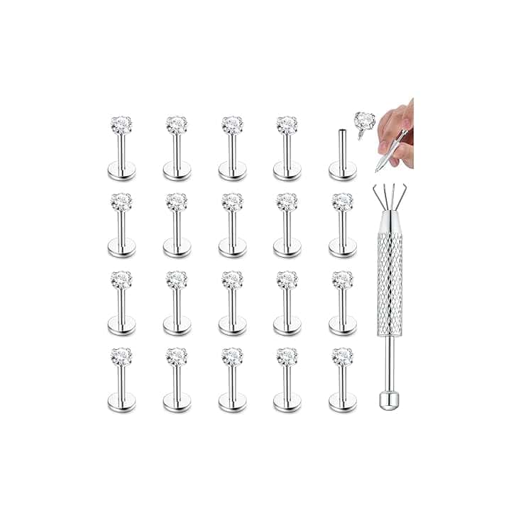 CASSIECA 20Pcs 16G Piercing Labret Acciaio Inossidabile Piercing Labbro Piercing Trago Helix Piercing Conch Naso Piercing Cartilagine Orecchini Gioielli Argento Oro Verticale Labret 6/8/10mm ClimeCo Certified