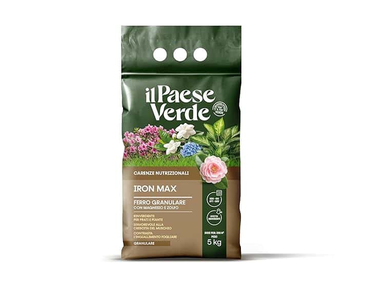 Il Paese Verde Iron Max - Solfato Di Ferro Granulare Antimuschio Per Prato E Rinverdente Per Piante Con Azione Acidificante Terreno, Concime Prato Granulare Ricco Di Ferro, Magnesio E Zolfo - 5KG