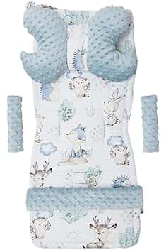 Medi Partners Riduttore Passeggino Universale Materassino Copri Neonato Cuscino - 5 elementi 78x35cm Copripasseggino Estivo per Neonati Cotone Minky (Cervo e Riccio con Minky celeste)