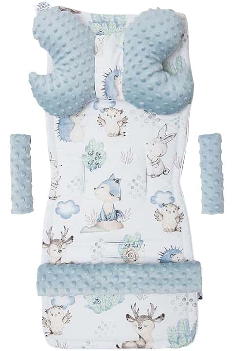 Medi Partners Riduttore Passeggino Universale Materassino Copri Neonato Cuscino - 5 elementi 78x35cm Copripasseggino Estivo per Neonati Cotone Minky (Cervo e Riccio con Minky celeste)
