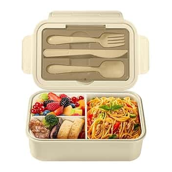 Diboniur Porta Pranzo, Lunch Box con Posate, 1400ml Bambino Adulto Bento Box con 3 Scomparti, Schiscetta Contenitore Pranzo per Microonde Lavoro Picnic Ufficio (Khaki)