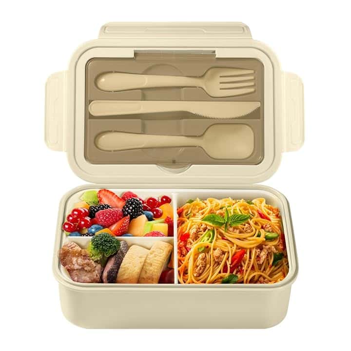 Diboniur Porta Pranzo, Lunch Box con Posate, 1400ml Bambino Adulto Bento Box con 3 Scomparti, Schiscetta Contenitore Pranzo per Microonde Lavoro Picnic Ufficio (Khaki)