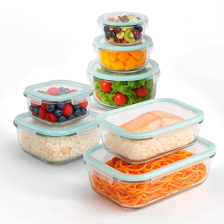 edihome, Contenitori Ermetici per Alimenti Vetro, 8,14 o 18 pezzi (contenitori + coperchi), a tenuta d'aria, a prova di perdite - Senza BPA, approvato dalla FDA e dal FSC (7 contenitori)