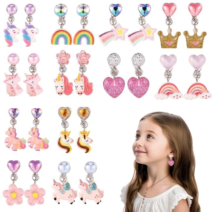 ZILZUFA Orecchini a Clip per Ragazze, 12 Paia di Orecchini a Clip per Ragazze, Orecchini in Resina Non Allergici, Accessori per Gioielli da Principessa per Ragazze, Unicorno, Arcobaleno