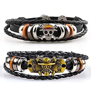 NHPY 2 Pezzi One Piece Bracciali, One Piece Braccialetti Merch, Bracciale Avvolgente Con Occhio Del Diavolo,One Piece Gadget Con Accessori A Forma Di Teschio E In Pelle Tressata(2Forma)