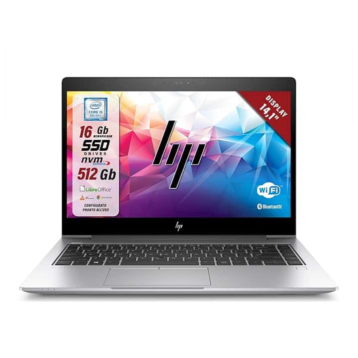 HP Elitebook, Intel i5-8Th 4 Core 1.7Ghz, Display 14,1", Ram 16Gb, SSD 512Gb, Pc Portatile Notebook Pronto all'uso, W11, Pacchetto Libre (Ricondizionato)