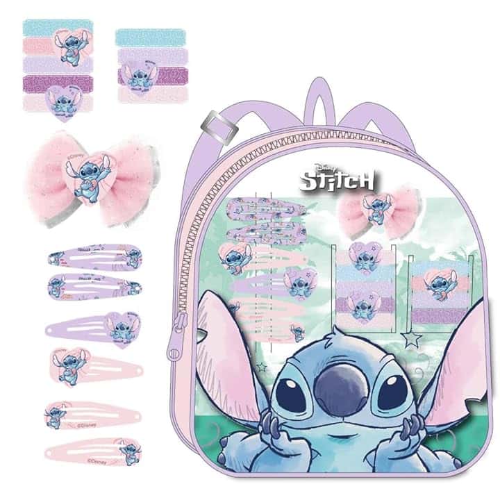 CERDÁ LIFE'S LITTLE MOMENTS Stitch Beauty Set - Include Zaino, 1 Fiocco, 6 Forcine e 9 Elastici - Multicolore - Ideale per sorprendere i tuoi bambini - Design ispirato a Stitch - Prodotto originale progettato in Spagna