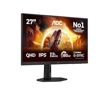 AOC Gaming Monitor Q27G4XD 27 pollici, 2560x1440, WQHD, 180Hz, Fast IPS Panel, 0.5ms MPRT, Height Adjustment, (HDMI2x 2.0 DP 1x 1.4) Adaptive Sync, HDR400, G-Sync Compatible, Nero