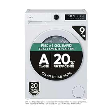 Candy ProWash 300, Lavatrice Carica Frontale, 9KG, 1400 giri, 16 Programmi, 8 Cicli Rapidi, Trattamento Vapore, Motore Silent Inverter, Bianco - GD 498-S [Classe di efficienza energetica A] Etichetta Energetica