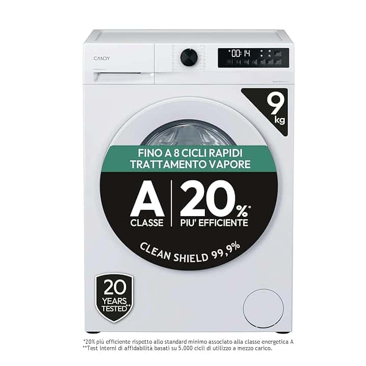 Candy ProWash 300, Lavatrice Carica Frontale, 9KG, 1400 giri, 16 Programmi, 8 Cicli Rapidi, Trattamento Vapore, Motore Silent Inverter, Bianco - GD 498-S [Classe di efficienza energetica A] Etichetta Energetica