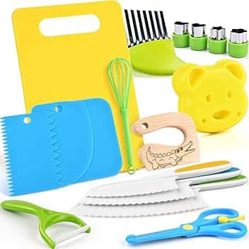 Set di Coltello da Cucina per Bambini per la vera cucina- 17 pezzi Coltelli di sicurezza per bambini per tagliare e cuocere frutta o verdura | Utensili Cucina Montessori, Reale Set Cucina per bambini Global Recycled Standard