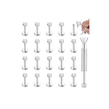 CASSIECA 20Pcs 16G Piercing Labret Acciaio Inossidabile Piercing Labbro Piercing Trago Helix Piercing Conch Naso Piercing Cartilagine Orecchini Gioielli Argento Oro Verticale Labret 6/8/10mm ClimeCo Certified