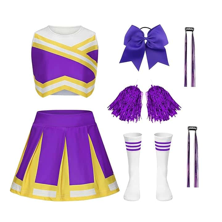 Luckyou Costume Cheerleader per Bambina Vestito Cheerleader Bambina con parrucca brillante, pompon e fiocco per Carnevale Halloween Fancy Dress Up