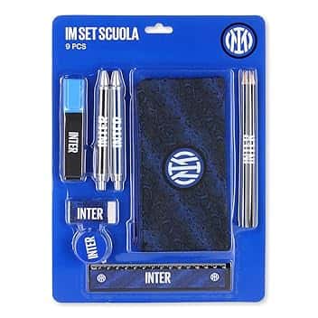 Inter linea Home - Set scuola con astuccio, righello, temperino, gomma, 2 penne, 2 matite ed evidenziatore, Blu Royal con stampa Snake e logo ufficiale