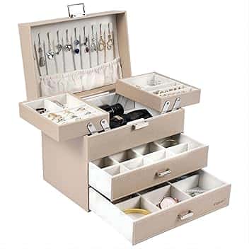 Dajasan Dajasan Portagioie Donna da Camera a Quattro Strati con Due Cassetti, Porta Gioielli da Comodino e Organizer Gioielli Elegante e Pratico per San Valentino, Natale e Festa della Mamma