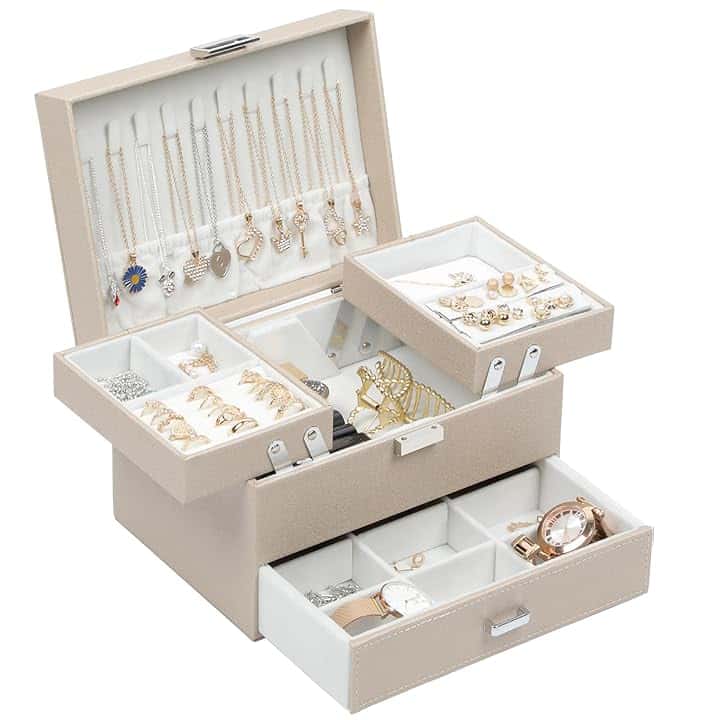 Dajasan Dajasan Portagioie Donna, Porta Gioie, 3 Livelli di Scatola Portagioie Grande con 1 Cassetto, Porta Gioielli in Pelle, Portagioie Adatto per Anelli, Collane, Orecchini (Champagne)
