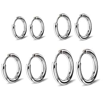 LONSVTTU 4 paia di orecchini Argento a cerchio per uomini e donne, leggeri, cartilagine, ipoallergenico, 8-14 mm, Acciaio Inossidabile Piccoli
