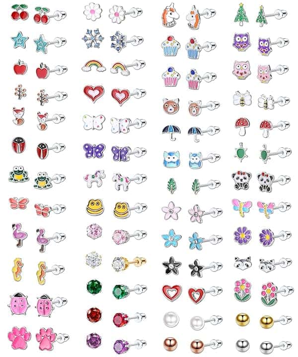 Milacolato 51Paia Orecchini Piccoli per Bambine Orecchini a Bottone con Aghi per Orecchie Acciaio Inossidabile Ipoallergenico, CZ Colorati Animali Fiore Frutta Perle Orecchini Stella Gioielli Regali