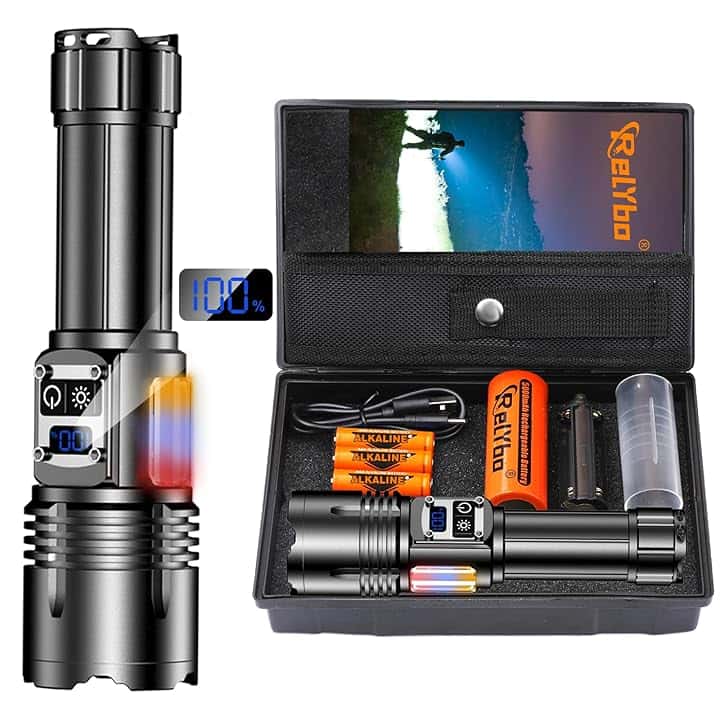 Relybo Torcia Led Potente Professionale, 1000000 Lumens Torcia Led Ricaricabile, Torce Led Alta Potenza Ricaricabili, 9 Modalità, Luce Laterale COB, Torcia Tattica Militare Per Campeggio Emergenza
