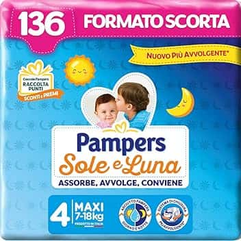 Pampers Sole e Luna Pannolini Maxi, Bambini Unisex, Taglia 4 (7-18 kg), 136 Pannolini