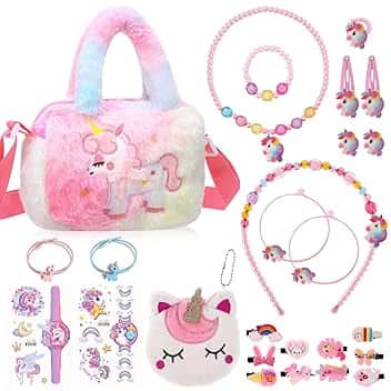 Halinuia Set di 26 pezzi borsa e gioielli unicorno per ragazze, gioielli per bambini, borse, collane, bracciali, anelli, orecchini, forcine per capelli, regali unicorno per ragazze 3 4 5 6 anni