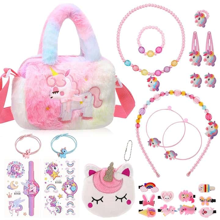 Halinuia Set di 26 pezzi borsa e gioielli unicorno per ragazze, gioielli per bambini, borse, collane, bracciali, anelli, orecchini, forcine per capelli, regali unicorno per ragazze 3 4 5 6 anni