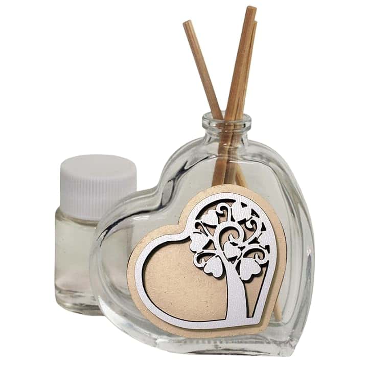 DLM Bomboniere DLM-A321 Bomboniere Profumatore linea cuore scatola Albero della Vita Cresima Comunione Battesimo 18 Compleanno Matrimonio diffusore cm 8x6,5 da 50 ml realizzato in vetro e legno