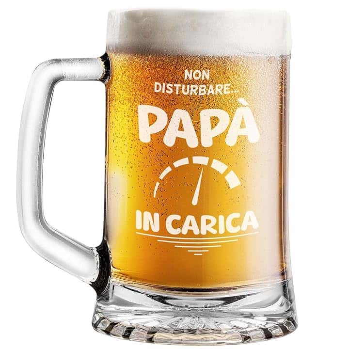 STAMPATEK Boccale per la Birra Regalo Festa del papà Idee Regalo, 520 ml H 15,3 cm Ø 9,3 cm - Pinta Bicchiere Birra Idea regalo compleanno Natale per gli amanti della birra - Papà in carica