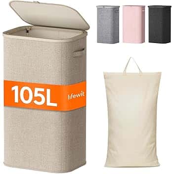 Lifewit Cesto Portabiancheria, Cesta Panni Sporchi con coperchio, Laundry Basket con Plastica Manici, Porta Biancheria Sporca per Bagno, Lavanderia, Camera da Letto, 105 L, Beige Recycled Claim Standard 100