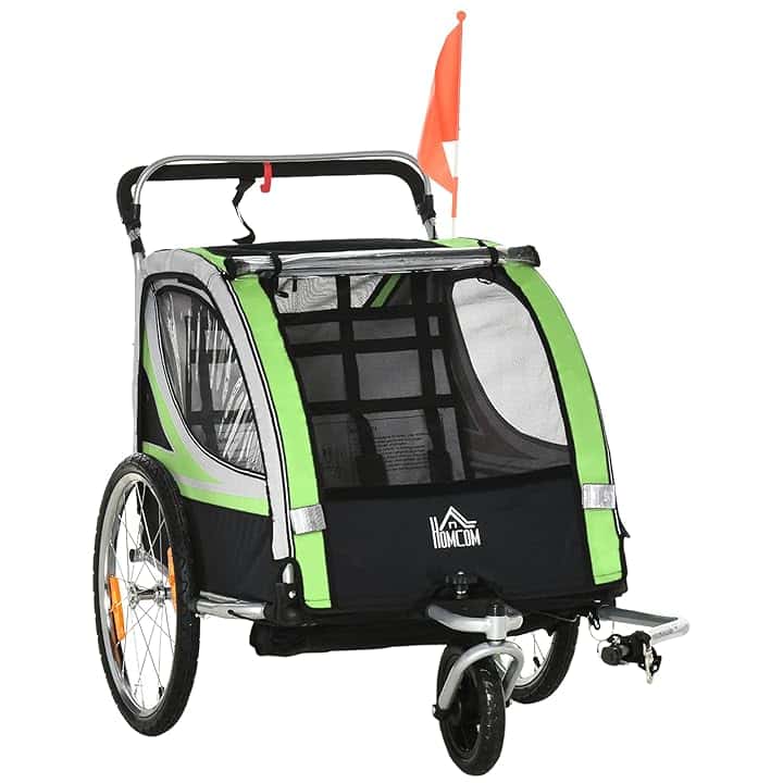 HOMCOM Rimorchio Bici per Bambini e Passeggino, Design 2 in 1 con Freno, Cintura a 5 Punti, Carrello Rimorchio per Bicicletta con Tasche Laterali, Catarifrangenti e Bandierina