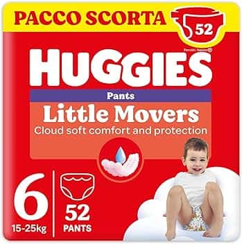 Huggies Little Movers Pannolini Mutandina Taglia 6 (15-25 Kg), Ultra assorbente, Protezione completa, 52 Pz