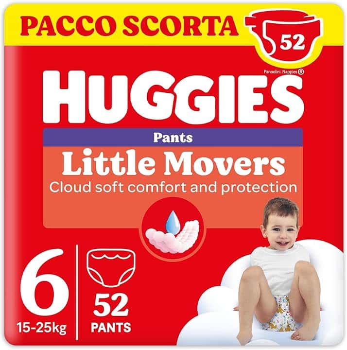 Huggies Little Movers Pannolini Mutandina Taglia 6 (15-25 Kg), Ultra assorbente, Protezione completa, 52 Pz