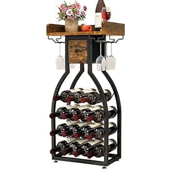 IBUYKE Portabottiglie da Terra per 15 bottiglie,Porta Vino con Porta Calici e Cassetti,Organizzatore da Bar per Bottiglie di Vino,Cantina Vino per Cucina, Sala da Pranzo,Bar,Marrone,TMJ908H