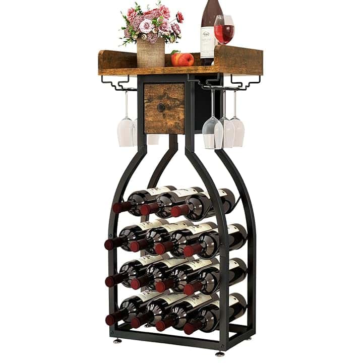 IBUYKE Portabottiglie da Terra per 15 bottiglie,Porta Vino con Porta Calici e Cassetti,Organizzatore da Bar per Bottiglie di Vino,Cantina Vino per Cucina, Sala da Pranzo,Bar,Marrone,TMJ908H
