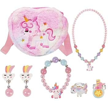 OSDUE OSDUE Unicorno Borsetta Bambina Set Gioielli, Unicorno Regalo Peluche Borsetta Bambina Set Gioielli Unicorno Accessori per Capelli Mollette per Capelli Ragazze Arcobaleno Collana Bracciale Anello