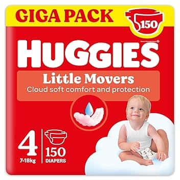 Huggies Pannolini Little Movers, Taglia 4 (7-18 Kg), Confezione da 150 pannolini, Formato Gigapack
