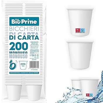 200pz - Bicchieri Acqua in Carta 200ml - Bicchieri 200ml Biodegradabili - Per Bevande Calde, Acqua e Bibite - Bicchieri Usa e Getta.