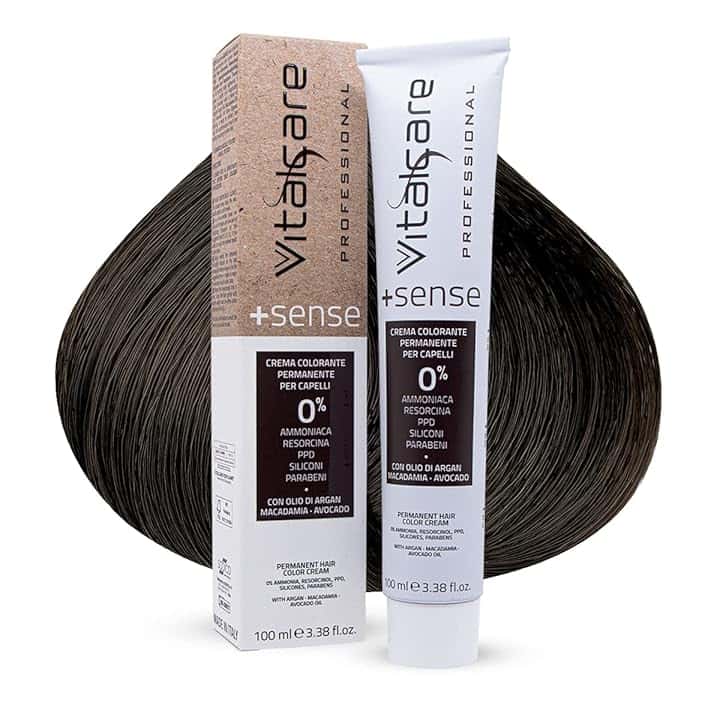 Vitalcare | +Sense - Colorazione Permanente Professionale, Crema Colorante Capelli, Senza Ammoniaca, Resorcina, PPD, Siliconi - Con Olio Di Argan, Macadamia e Avocado, 3/00 Castano Scuro