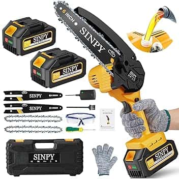 Mini Motosega a Batteria per Potatura con 2 Batterie e Caricatore Rapido, 6 Pollici Sega a Batteria per Potatura Con Pompetta Olio e Blocco di Sicurezza per il Taglio del Legno e Giardini