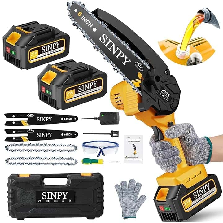 Mini Motosega a Batteria per Potatura con 2 Batterie e Caricatore Rapido, 6 Pollici Sega a Batteria per Potatura Con Pompetta Olio e Blocco di Sicurezza per il Taglio del Legno e Giardini