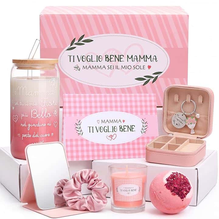 LEMESO Regalo Festa della Mamma Set Regalo Mamma 8pz con Bicchiera Cristallo Candele Bomba da Bagno Portachiavi Portagioie Specchio Biglietto Originale per Compleanno Natale