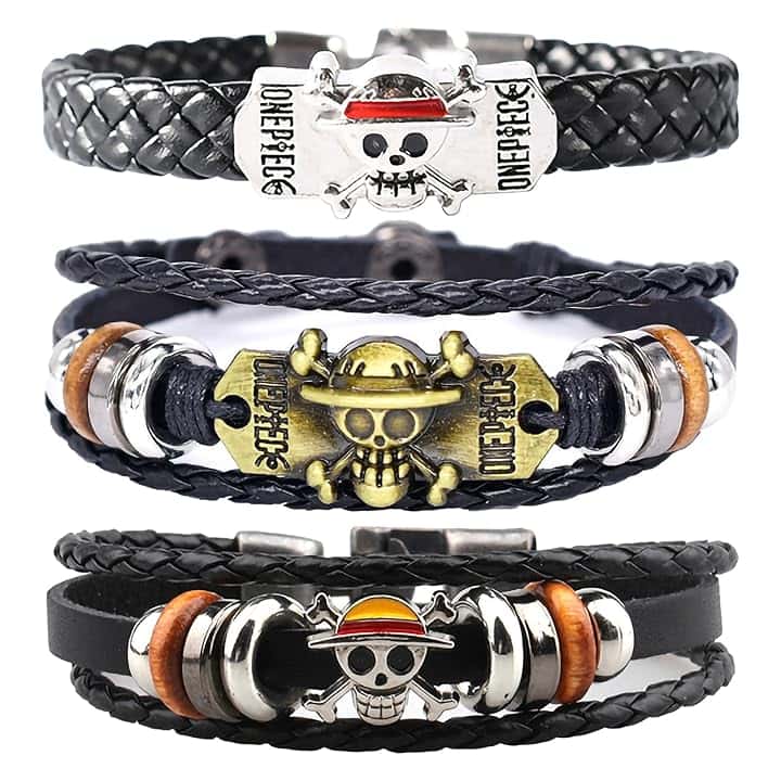 PQKL-party One Piece Braccialetti Merch 3 Pcs Bracciale avvolgente con occhio del diavolo con Accessori a Forma di Teschio e in Pelle Tressata bello Regalo Decorazione