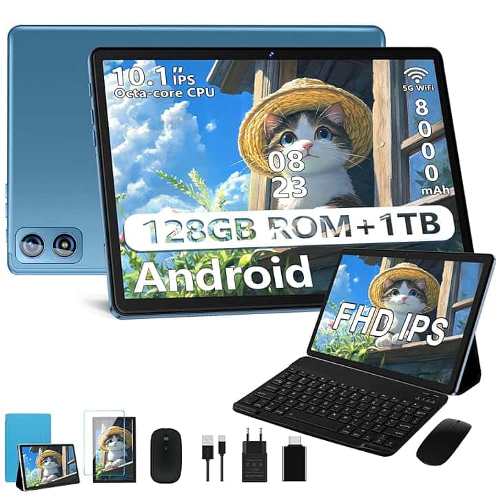 Tablet 10 Pollici Android, 8-core 2.0GHz, 22GB RAM+128GB ROM/TF 1TB, UFS 2.1 Flash, 8000mAh, 8+5MP, Bluetooth 5.0, WiFi 5G, Corpo in Metallo, Widevine L1, Tablet con Tastiera e Mouse, Azzurro