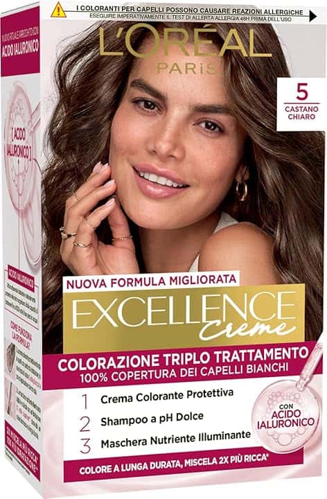 L’Oréal Paris Colorazione Triplo Trattamento Excellence, Con Acido Ialuronico, 100% Copertura Capelli Bianchi, Per Capelli Più Idratati, Castano Chiaro (5)