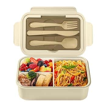 Diboniur Porta Pranzo, 1400ml Lunch Box con Posate, Schiscetta Pranzo Bambino Adulto Bento Box con 3 Scomparti, Schiscetta Contenitore Ermetico per Microonde Ufficio Lavoro Picnic (Khaki)