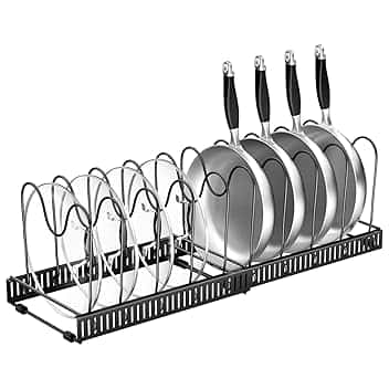 Fousenuk Porta Coperchi Pentole, Organizer Padelle con 10 Scomparti Regolabili, Porta Padelle, Portacoperchi Allungabile, Supporto per Coperchio in Metallo, Contenitore da Cucina (Nero)