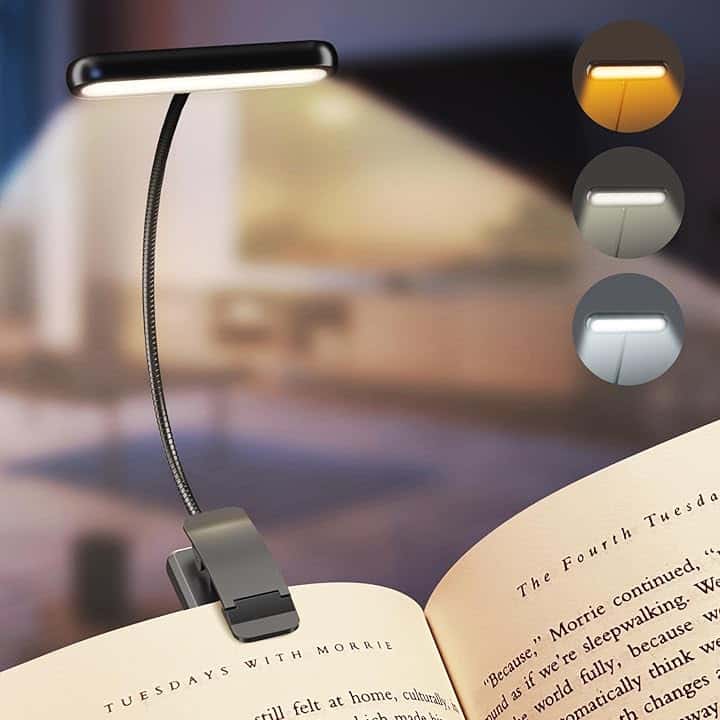 iFalarila Luce da Lettura Ricaricabile con Cavo Tipo-C, 12 LED Lampada da Lettura con Clip [3 Colore e 10 Luminosità] Lampade da libro Letto Clip Flessibile a Collo d'oca Piccola per Bambini ISCC PLUS