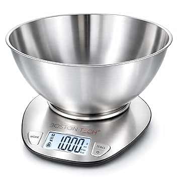 Bilancia da Cucina Digitale 5kg Acciaio Inossidabile con Ciotola Rimovibile, Alta Precisione, Display LCD Retroilluminato, Funzione Tara, Impermeabile, Ricettario Incluso, Boston Tech